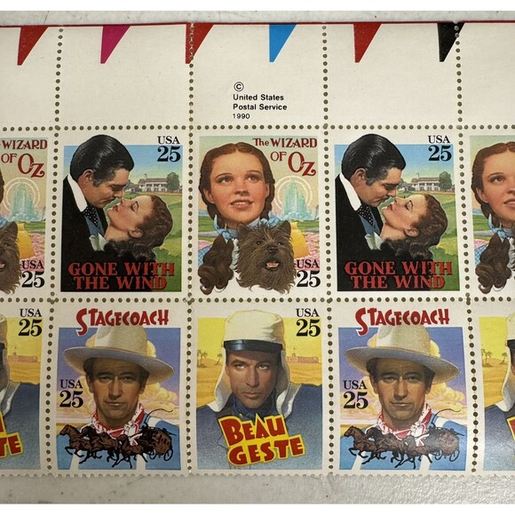 1990 Sheet Of 16 US Stamps Wizard of OZ Gone With The Wind Stagecoach Beau Geste - Picture 1 of 3